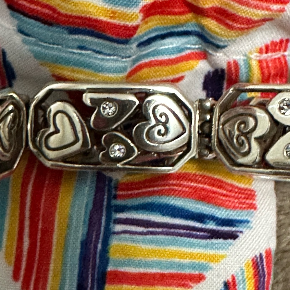 Brighton Silver Tone Hearts Scroll 7 Panel Link Rhinestone Bracelet 7” - Picture 4 of 10